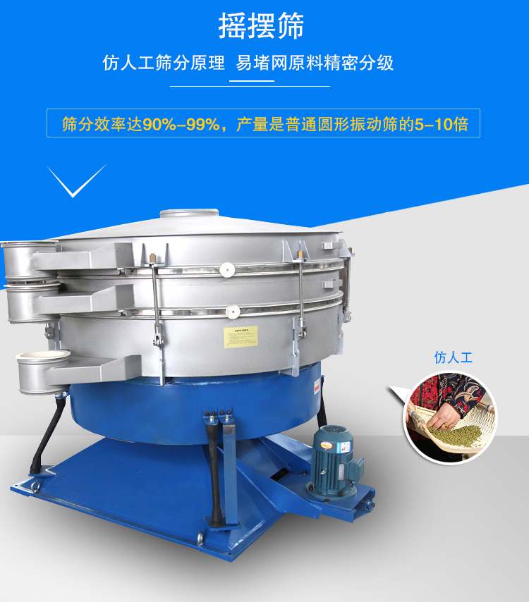搖擺篩適合精細和超細范圍的粉末和微粒狀物料，產(chǎn)量大、精度高